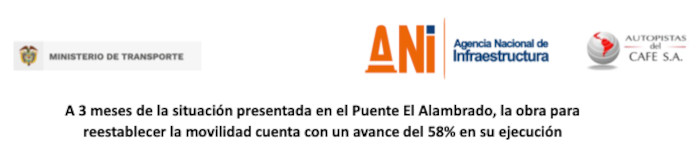 A 3 meses de la situación presentada en el Puente El Alambrado, la obra parareestablecer la movilidad cuenta con un avance del 58% en su ejecución